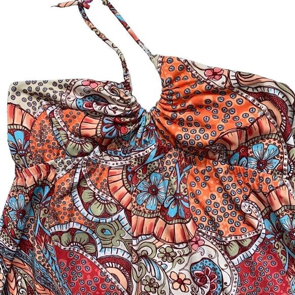 6 Degrees Halter Maxi Dress Psychedelic 60s Bohemian Print Orange Multicolor Med - Picture 4 of 9